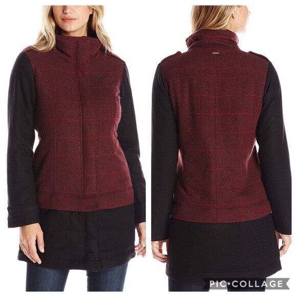 New NWT Prana Warm Red Black Insulated Womens S Jacket Coat Zip Long Convertible - Picture 1 of 12